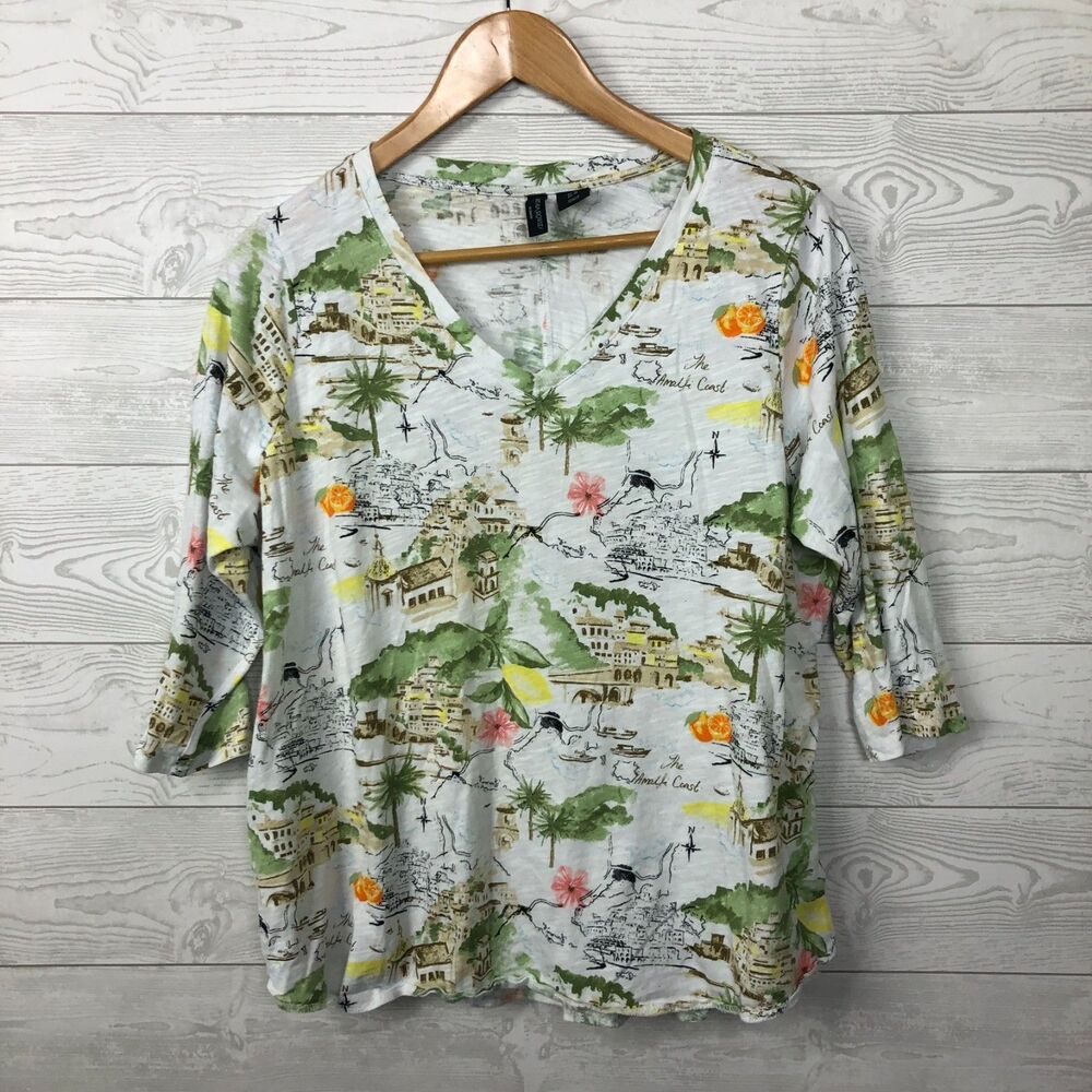 Cynthia Rowley Women's 1X Printed V Neck Shirt 3/4 Sleeve 100% Cotton Tee
